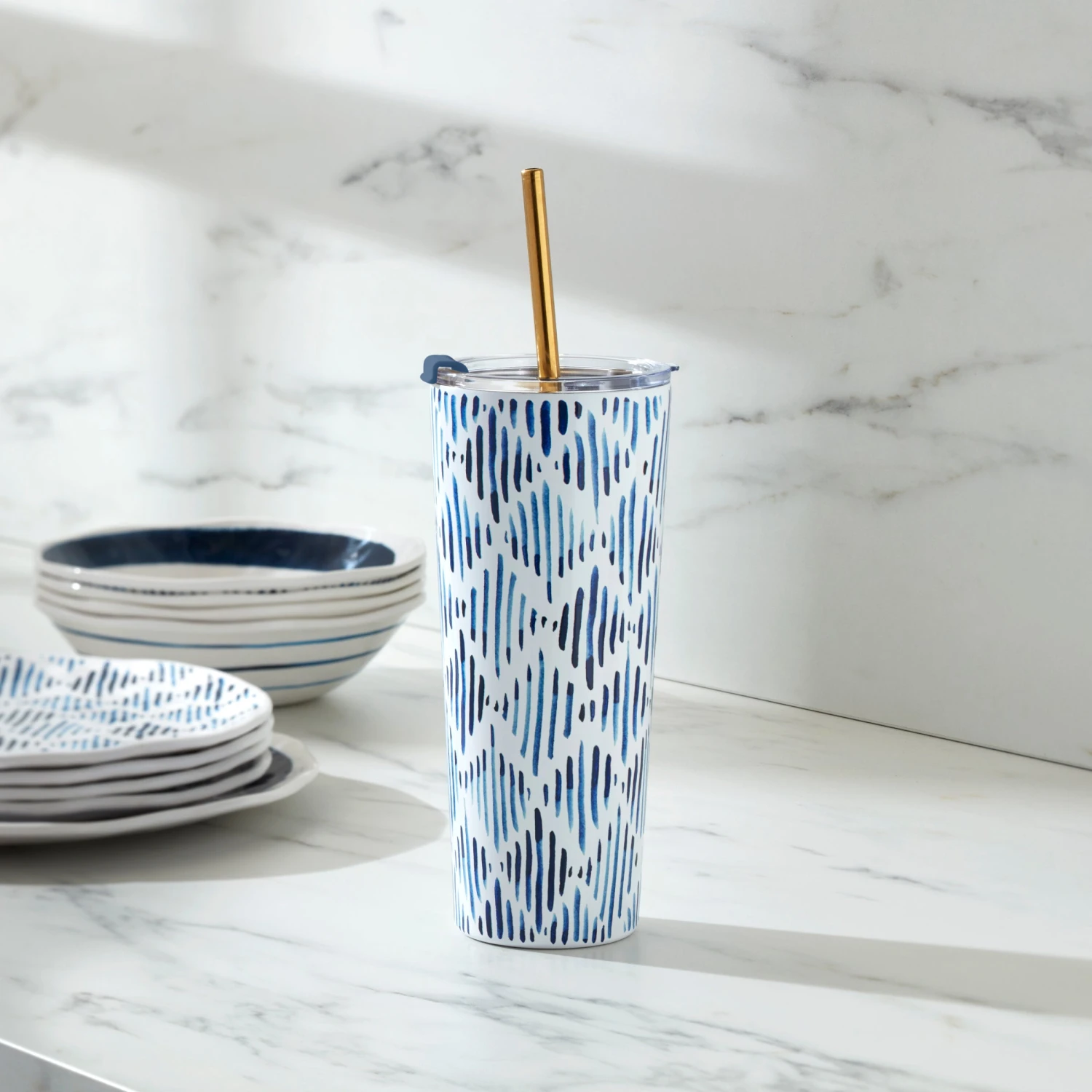 Lenox Blue Bay Ikat Stainless Steel Tumbler With Straw 4 Lenox Blue Bay Ikat Stainless Steel Tumbler With Straw - Image 2